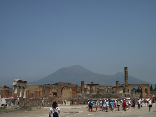 39 - Pompeiian plaza with looming Mount Vesuvius